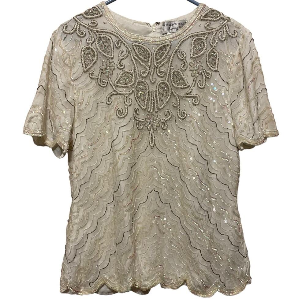 Vintage 100% Silk Papell Boutique Evening Sequin‎ Beaded Top